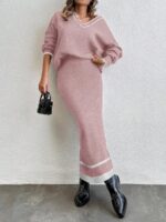 Compleu Tricotat cu Fusta Lunga Nieve Roz - imagine 3