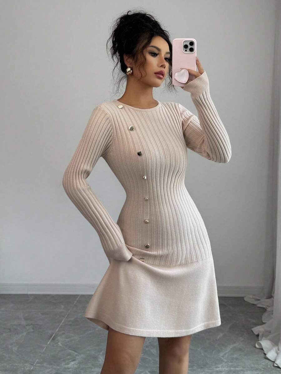 15 Rochie Scurta Tricotata Selena Bej - imagine 1