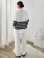 Compleu Tricotat cu Pantalon Lynna Alb cu Dungi Negre - imagine 2