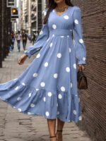 Rochie Midi Edena Bleu cu Buline Albe