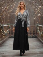 Rochie Lunga Bertha Neagra cu Print Geometric Alb