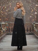 Rochie Lunga Bertha Neagra cu Print Geometric Alb - imagine 2