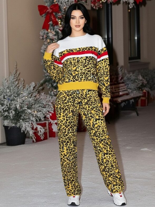 Compleu Tricotat cu Pantalon Tonia Animal Print Mustar