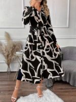 Rochie Midi Petrina Neagra cu Print Geometric Alb