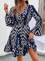 Rochie Scurta Jolie Bleumarin cu Print Geometric Crem - imagine 3