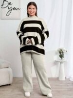 Compleu Tricotat cu Pantalon Eniko Gri cu Dungi Negre - Marimi Mari