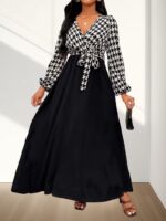 Rochie Lunga Bertha Neagra cu Print Geometric Alb - imagine 3