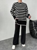 Compleu Tricotat cu Pantalon Simona Negru cu Dungi Albe