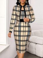 Compleu cu Rochie Midi Varvara Crem cu Print Geometric Negru