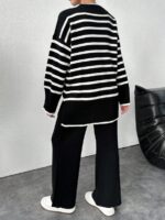 Compleu Tricotat cu Pantalon Simona Negru cu Dungi Albe - imagine 2