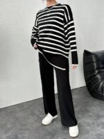 Compleu Tricotat cu Pantalon Simona Negru cu Dungi Albe - imagine 3