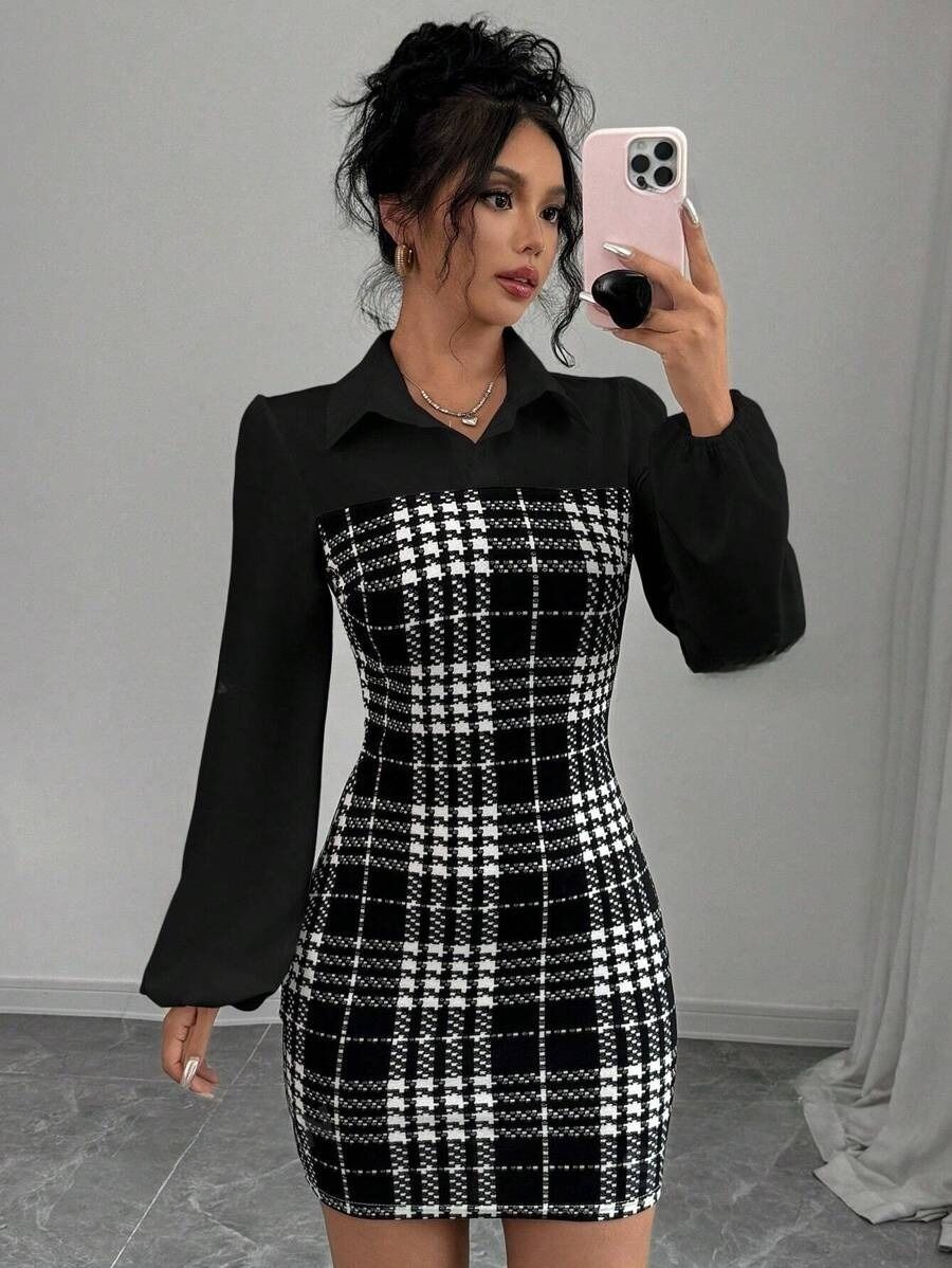 46 Rochie Scurta Zeida Neagra cu Print Geometric Alb - imagine 1