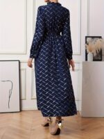 Rochie Lunga Teodora Bleumarin cu Print Geometric Auriu - imagine 2