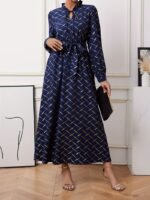 Rochie Lunga Teodora Bleumarin cu Print Geometric Auriu
