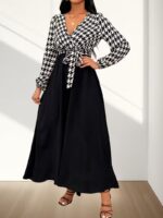 Rochie Lunga Bertha Neagra cu Print Geometric Alb - imagine 4