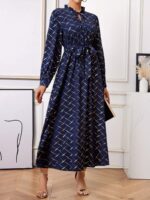 Rochie Lunga Teodora Bleumarin cu Print Geometric Auriu - imagine 3