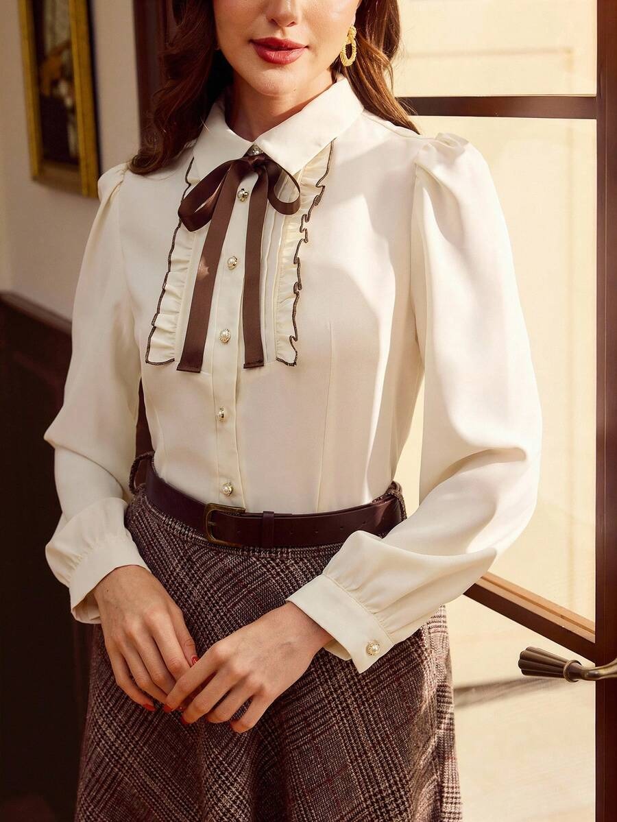 50 Camasa Dama Doris Crem cu Funda Maro - imagine 1