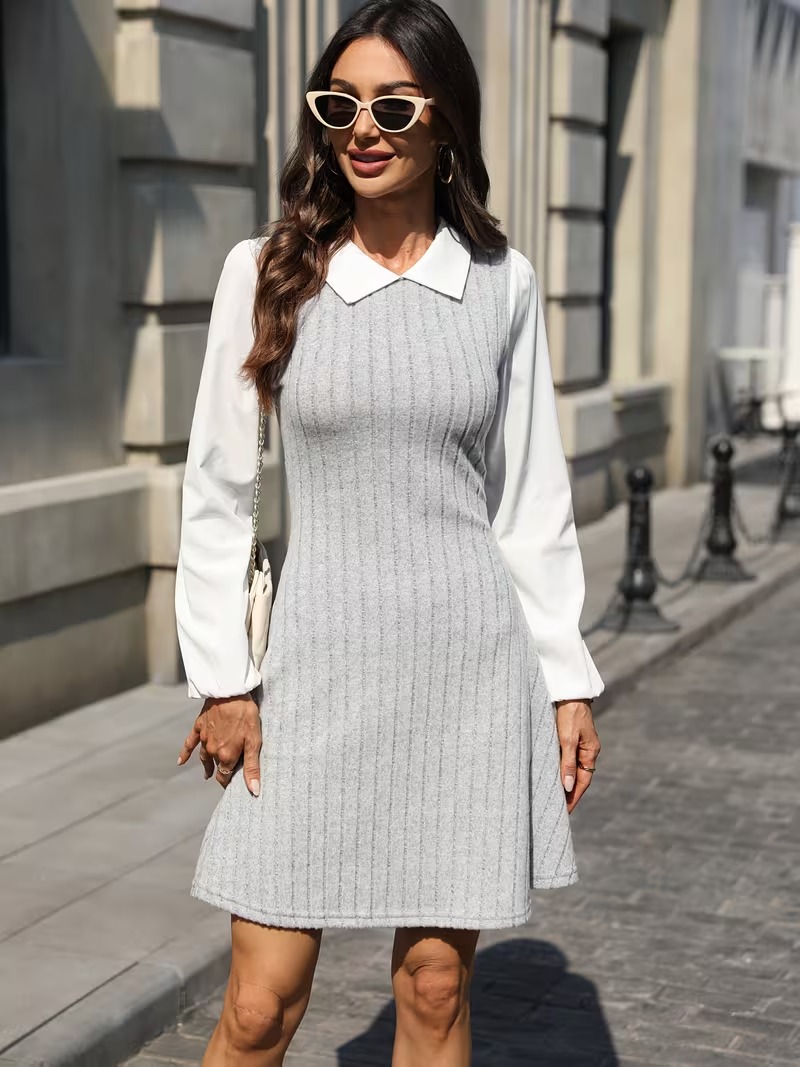 53 Rochie Scurta Henna Gri cu Maneci Albe - imagine 1