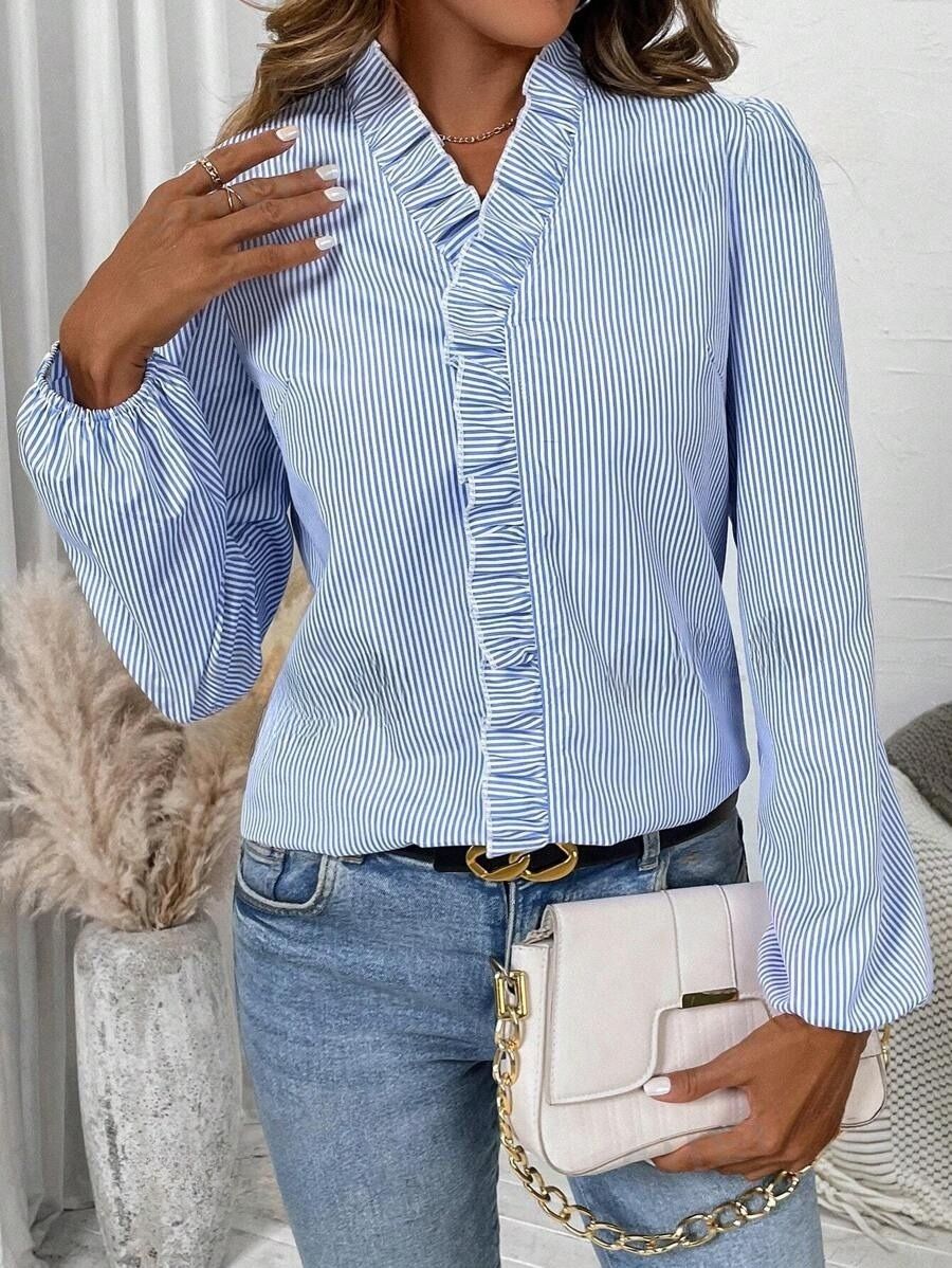 58 Camasa Dama Sally Albastra cu Dungi Albe - imagine 1