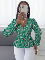 Bluza Dama Anka Verde cu Print Floral Bej - imagine 3