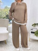 Compleu Tricotat cu Pantalon Ashra Bej - Marimi Mari - imagine 3