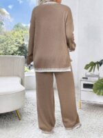 Compleu Tricotat cu Pantalon Ashra Bej - Marimi Mari - imagine 2