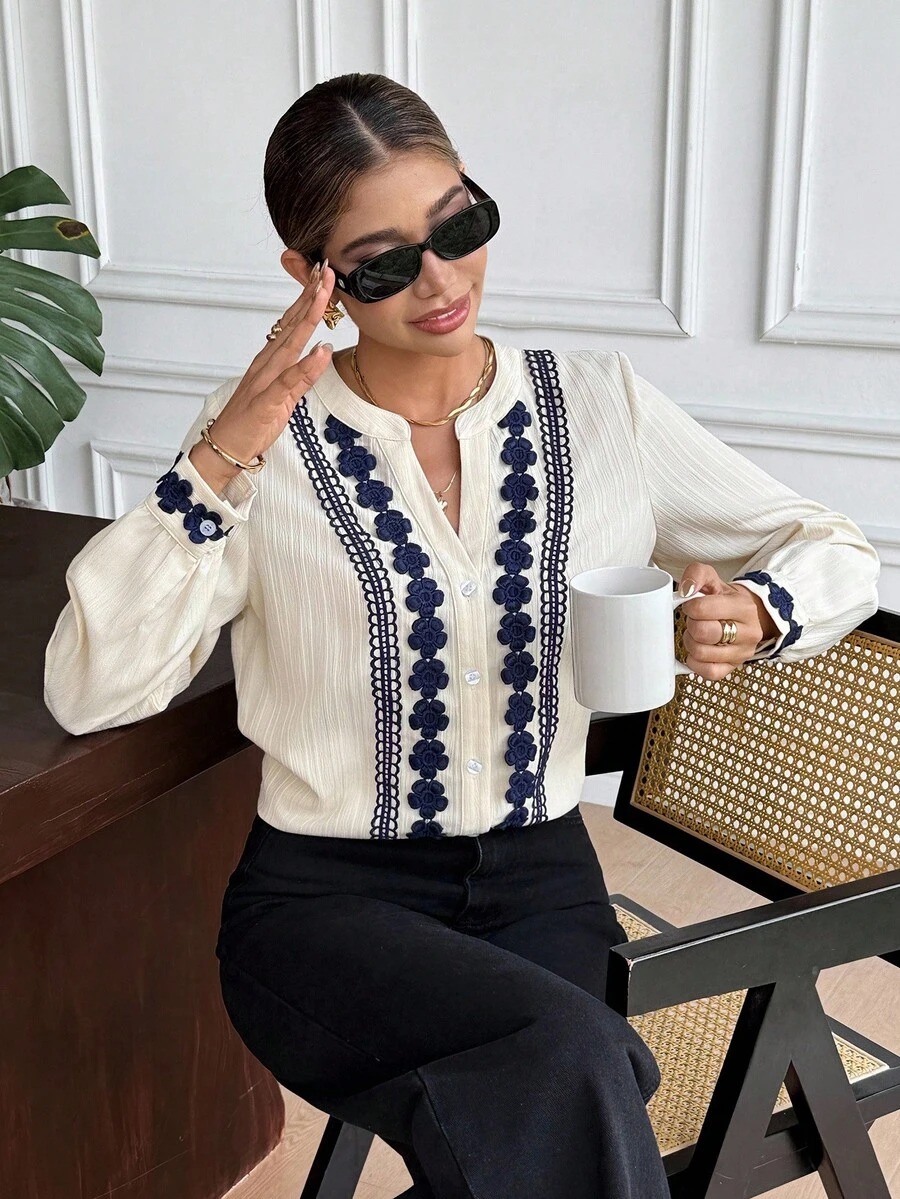 9 Camasa Dama Luiza Crem cu Broderie - imagine 1