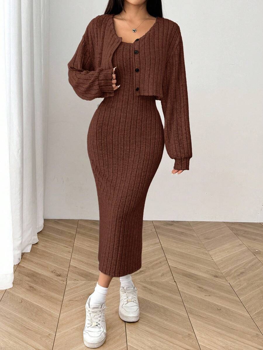 91 Compleu cu Rochie Midi Jolie Maro - imagine 1