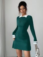 Rochie Scurta Tricotata Antonina Verde cu Guler