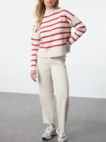 Compleu Tricotat cu Pantalon Calypso Bej cu Dungi Roz