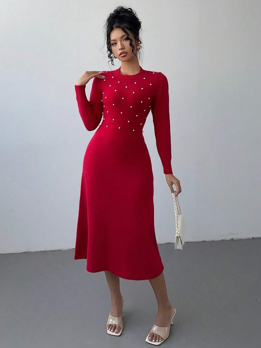 2 Rochie Midi Tricotata Roxana Rosie cu Perle - imagine 1