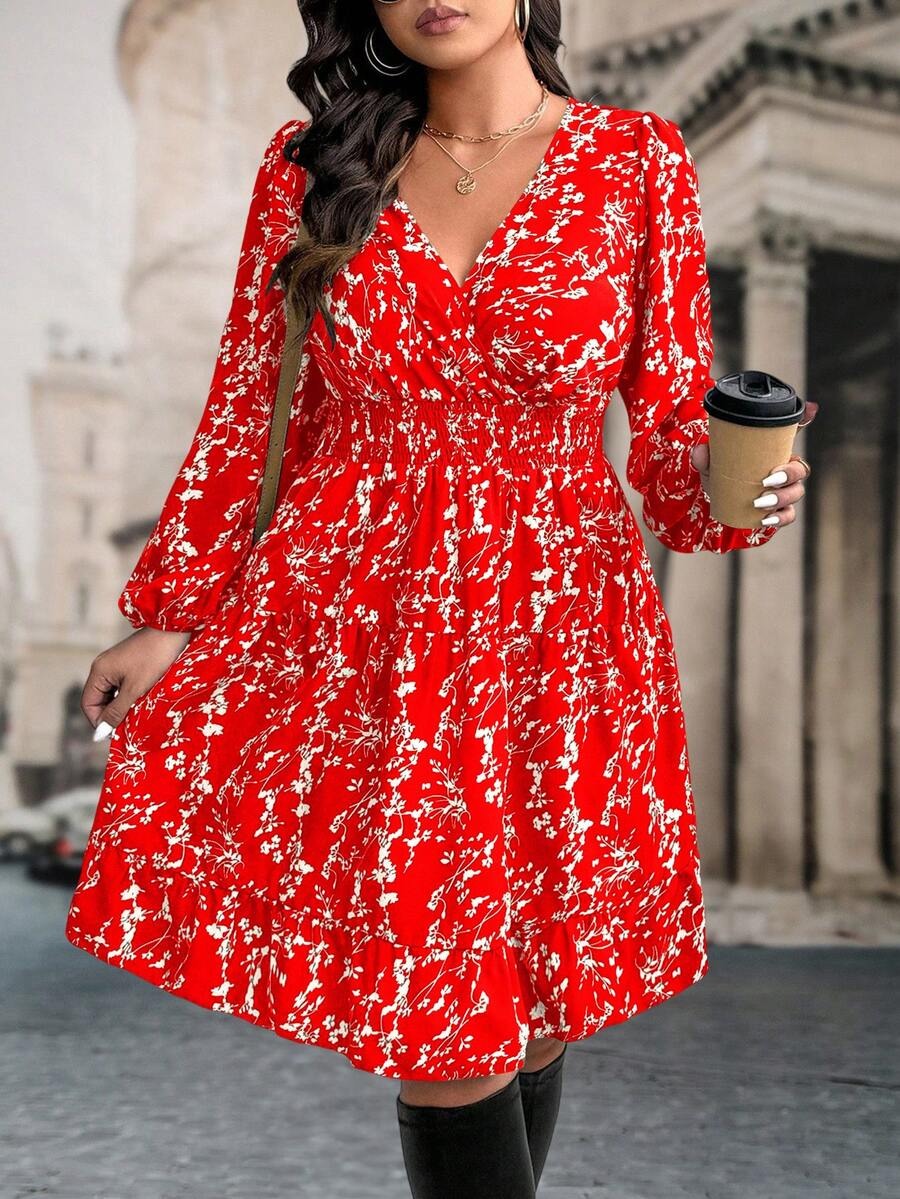 28 Rochie Scurta Myrna Caramizie cu Print Crem - Marimi Mari - imagine 1