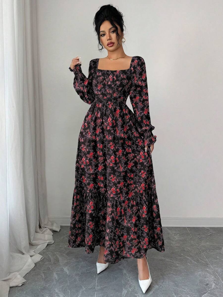38 Rochie Lunga Elvira Neagra cu Print Floral Rosu - imagine 1