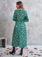 Rochie Midi Elvira Verde cu Print Floral Bej - imagine 2