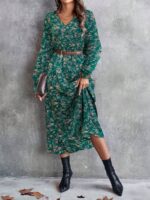Rochie Midi Elvira Verde cu Print Floral Bej - imagine 3