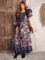Rochie Lunga Taisa Bleumarin Inflorata - Marimi Mari