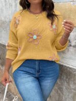 Pulover Tricotat Milou Mustar cu Broderie - Marimi Mari - imagine 4