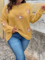 Pulover Tricotat Milou Mustar cu Broderie - Marimi Mari - imagine 3