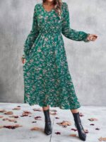 Rochie Midi Elvira Verde cu Print Floral Bej