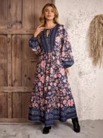 Rochie Lunga Taisa Bleumarin Inflorata - Marimi Mari - imagine 3