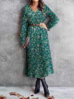 Rochie Midi Elvira Verde cu Print Floral Bej - imagine 4