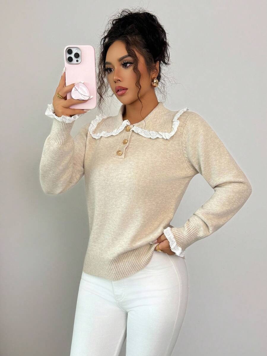 422 Pulover Tricotat Alfride Bej cu Guler - imagine 1