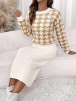 Compleu Tricotat cu Fusta Midi Sandra Alb cu Print Bej - imagine 2