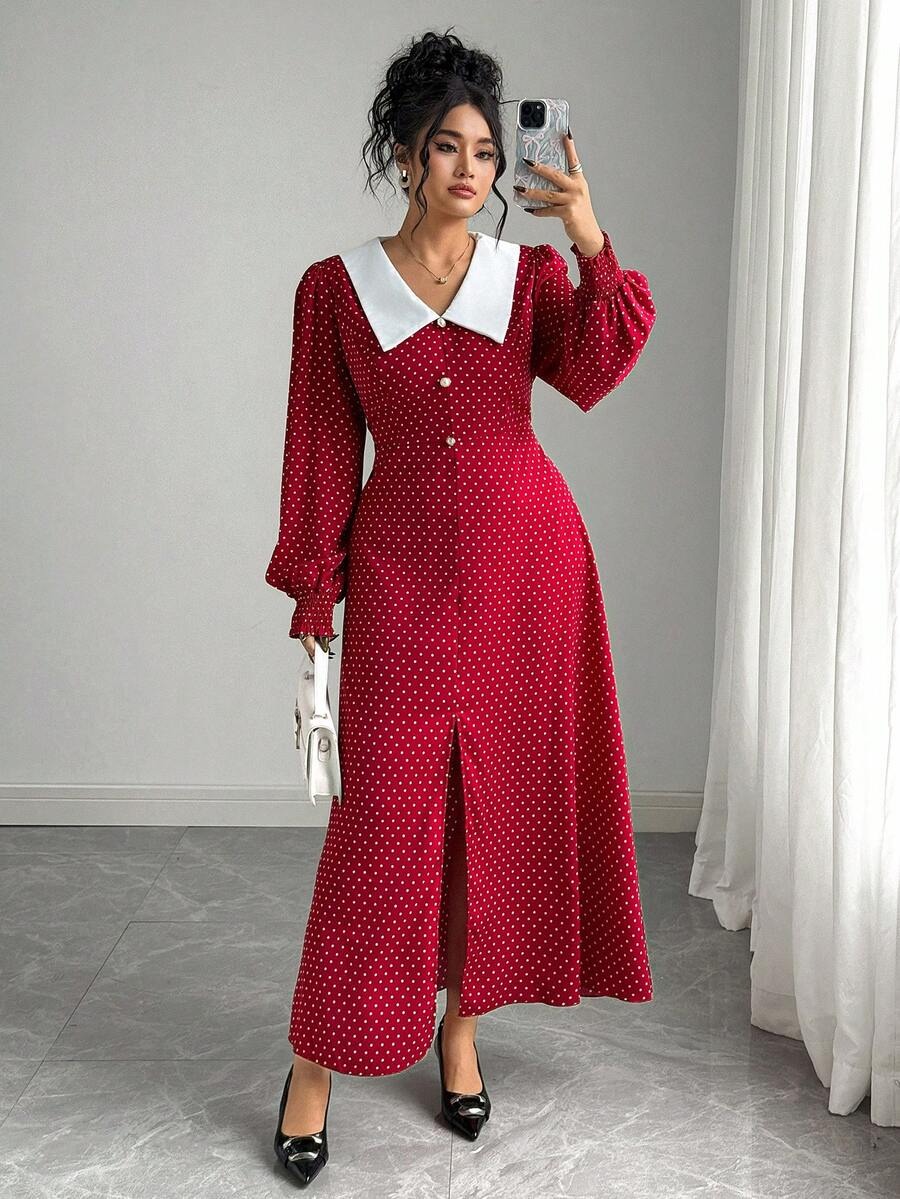 51 Rochie Lunga Segot Rosie cu Buline Albe - Marimi Mari - imagine 1