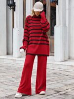 Compleu Tricotat cu Pantalon Suzan  Rosu cu Dungi Negre