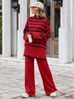 Compleu Tricotat cu Pantalon Suzan  Rosu cu Dungi Negre - imagine 3