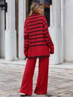 Compleu Tricotat cu Pantalon Suzan  Rosu cu Dungi Negre - imagine 2