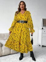 Rochie Midi Aletha Galbena cu Print Negru - Marimi Mari - imagine 3