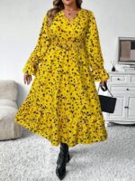 Rochie Midi Aletha Galbena cu Print Negru - Marimi Mari