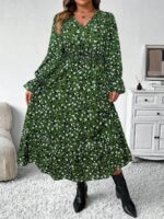 Rochie Midi Aletha Verde cu Print Alb si Negru - Marimi Mari